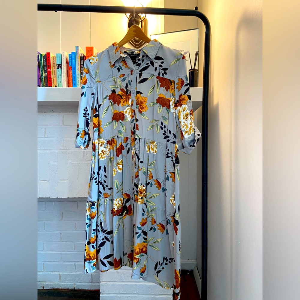 Millenium 3/4 length sleeves, buttoned Grey floral dress, with pockets